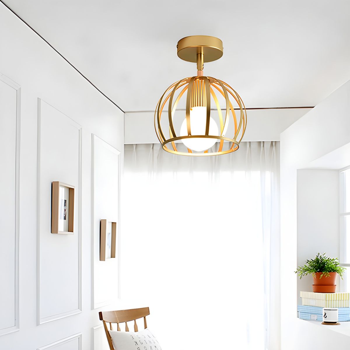 Industrial Brass Wire Frame Semi Flush Ceiling Light | Glimora