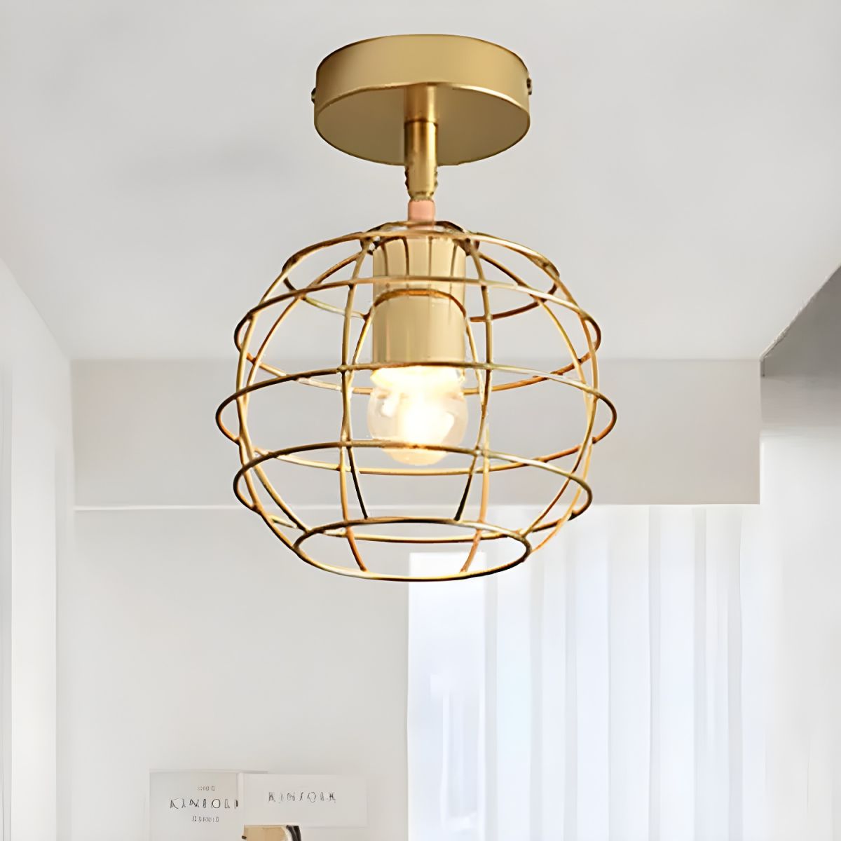 Industrial Brass Wire Frame Semi Flush Ceiling Light | Glimora