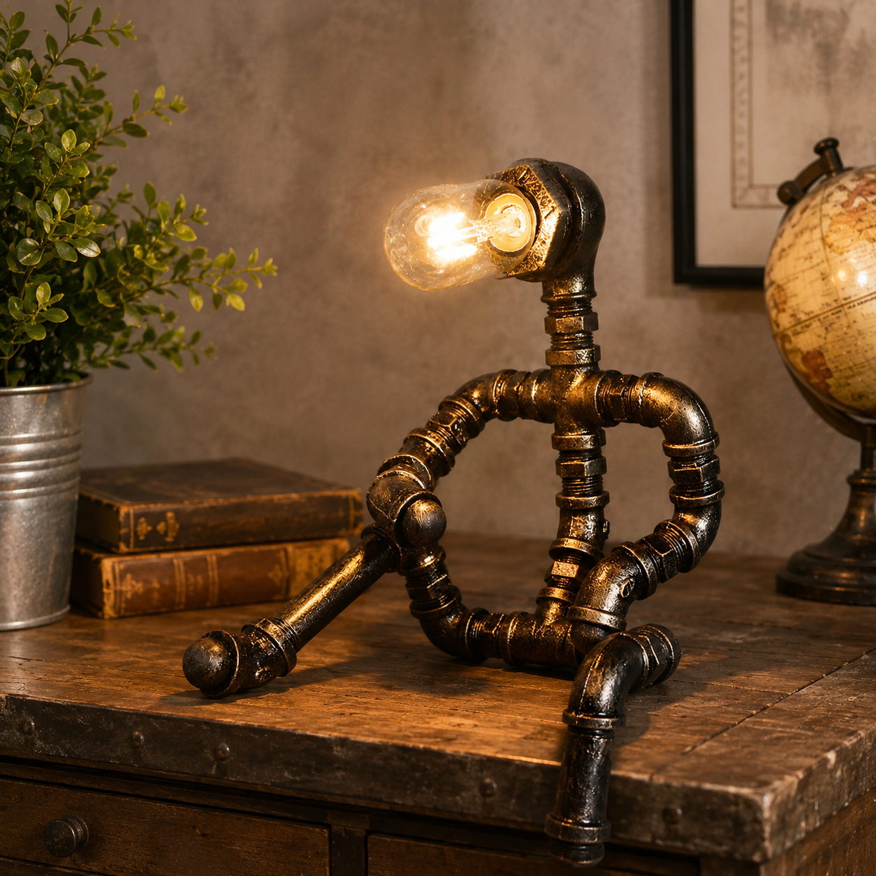 Industrial Metal Pipe Design Table Lamp Brass Finish | Drovian