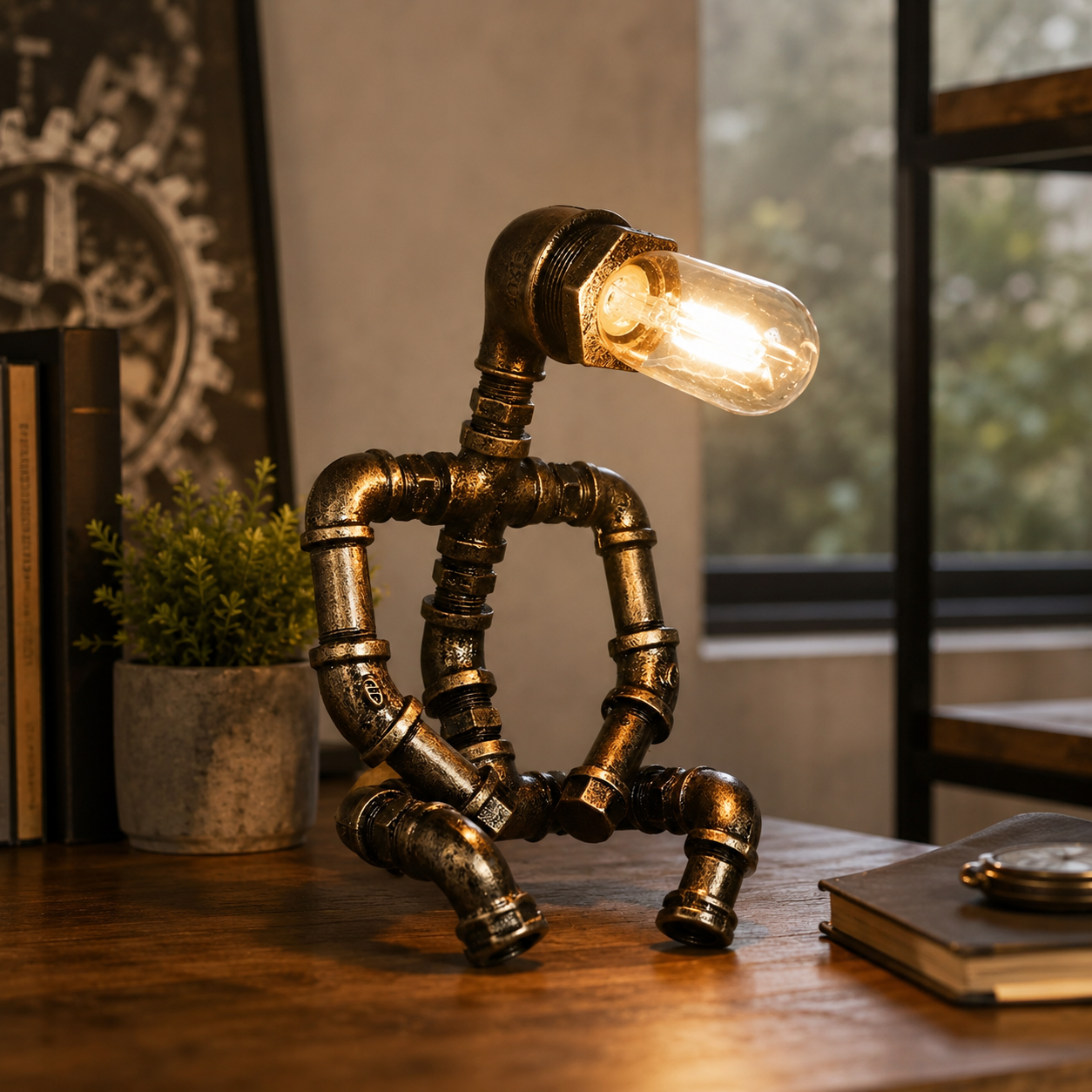 Industrial Metal Pipe Design Table Lamp Brass Finish | Drovian