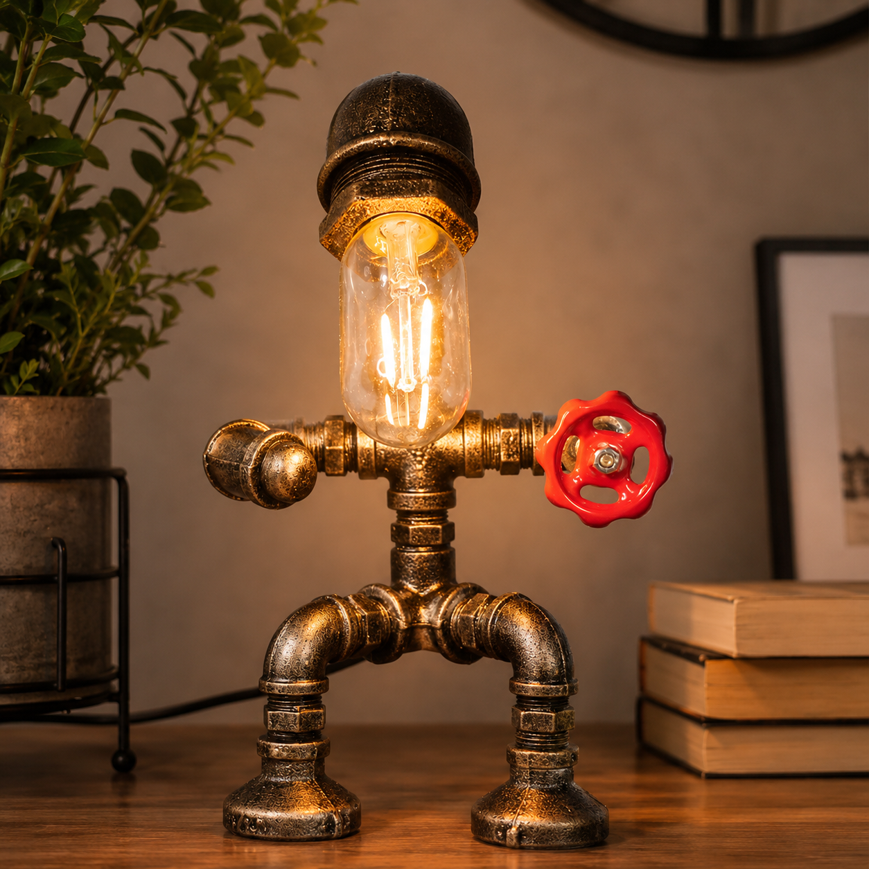 Industrial Metal Pipe Design Table Lamp Brass Finish | Drovian