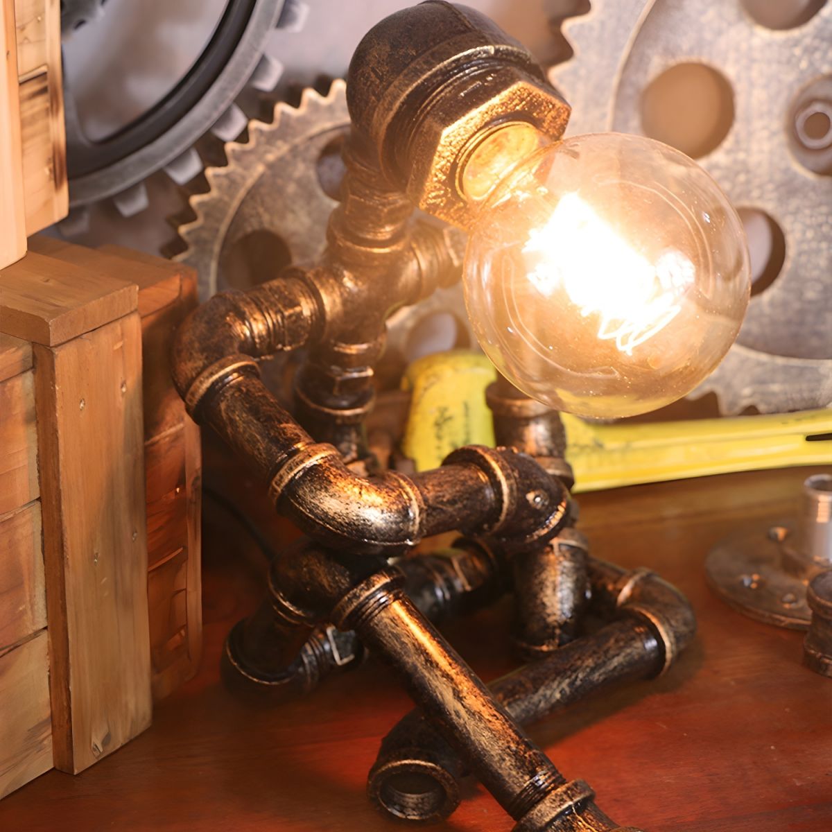 Industrial Metal Pipe Design Table Lamp Brass Finish | Drovian