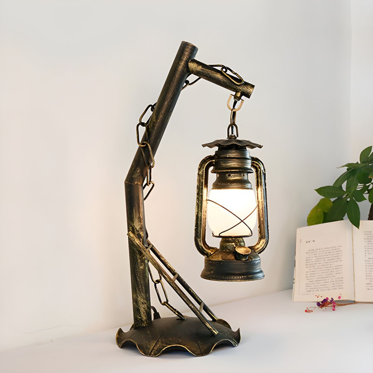 Industrial Table Lamp with Opal Glass Lantern Shade | Zaqviro
