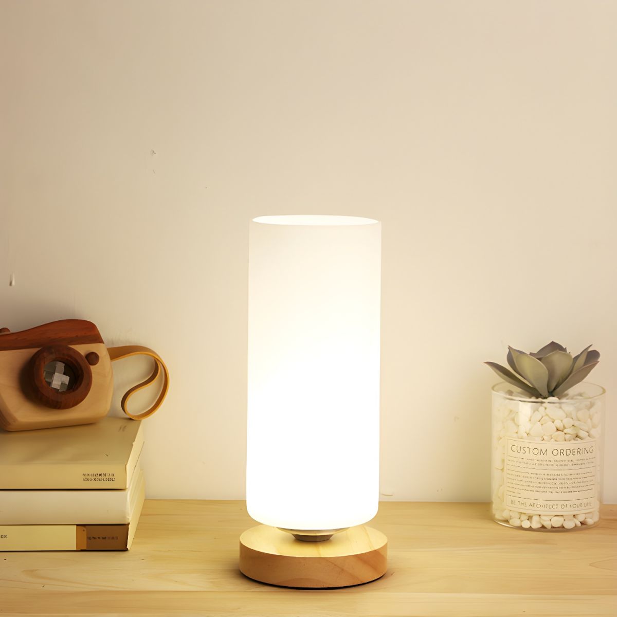 Industrial Wood Table Lamp with Glass Cylinder Shade | Corveta