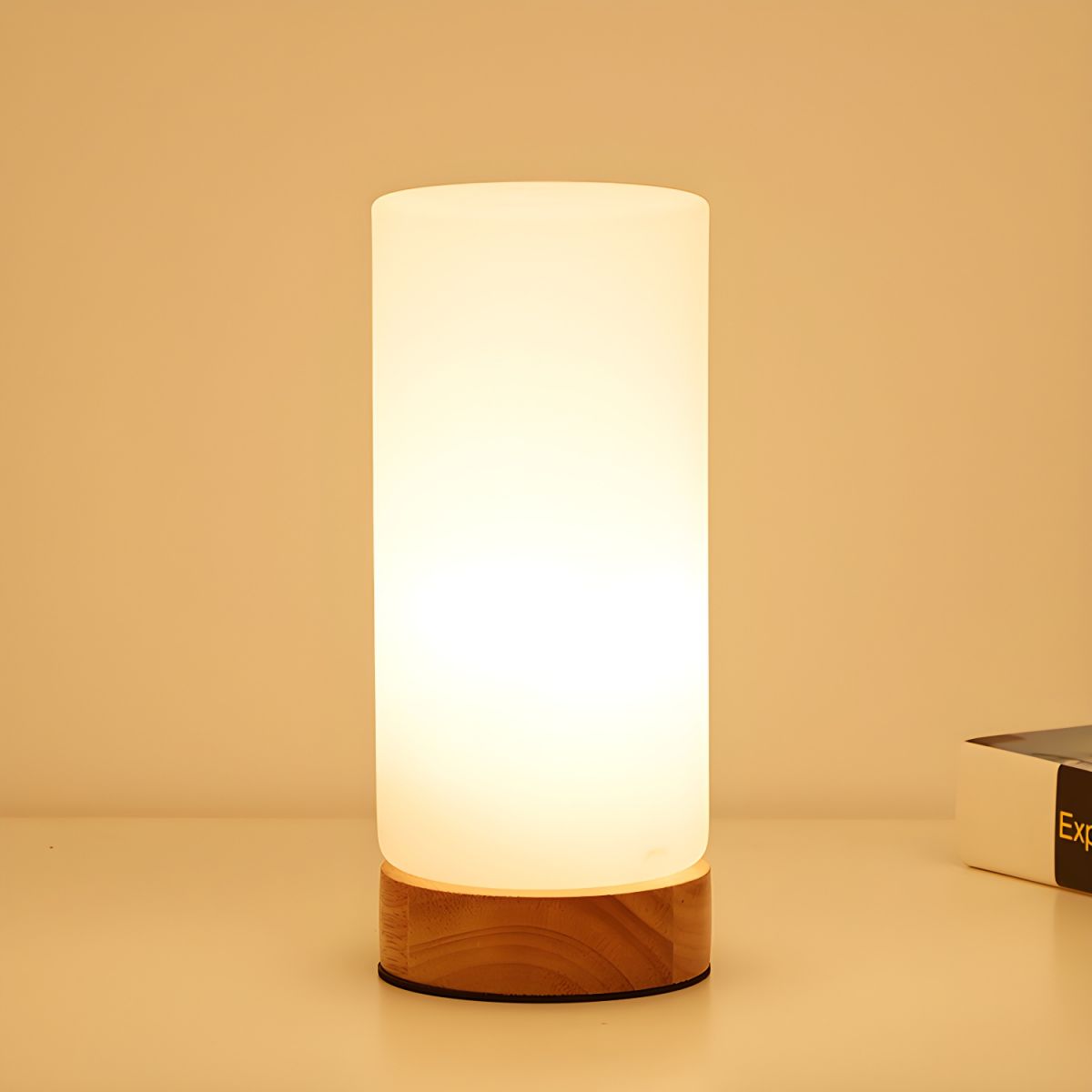 Industrial Wood Table Lamp with Glass Cylinder Shade | Corveta
