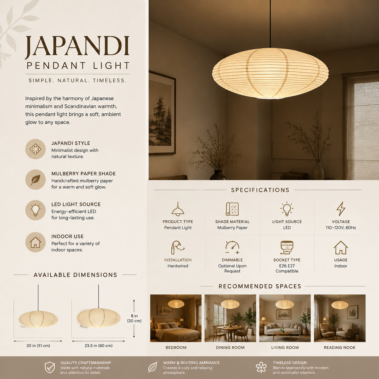 Japandi Mulberry Paper Pendant Light Natural Texture Auvorin