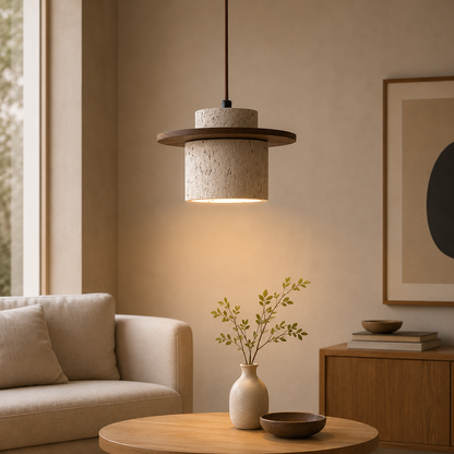 Japanese Travertin Pendant Light with Wooden Details | Lunvaro