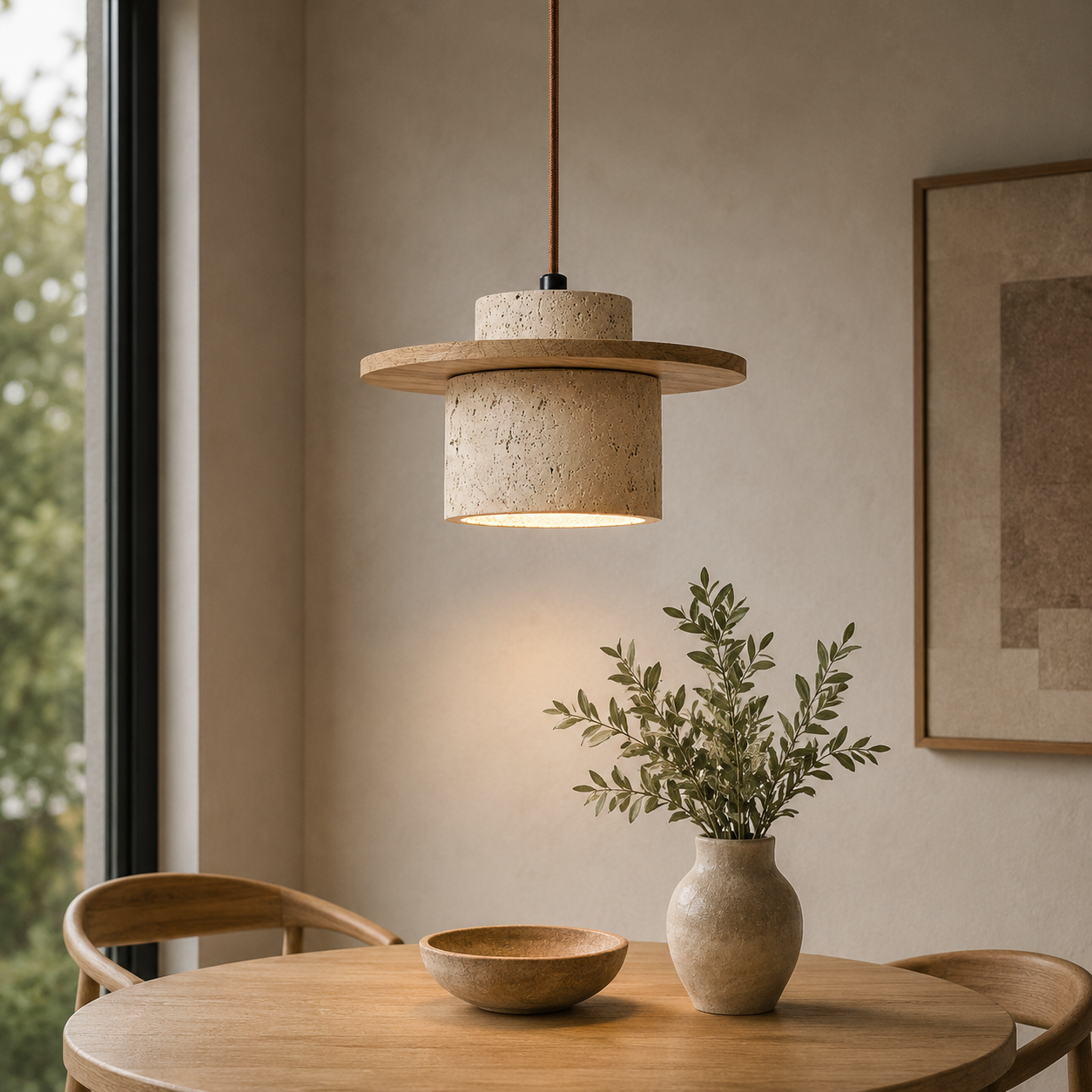 Japanese Travertin Pendant Light with Wooden Details | Lunvaro