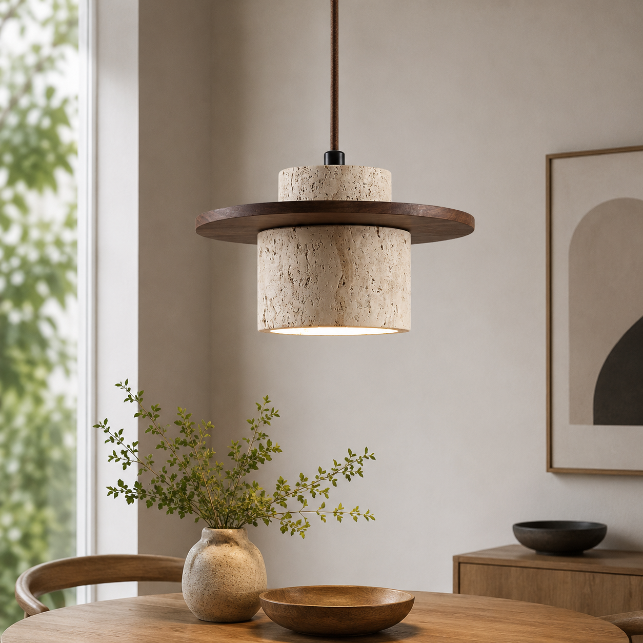 Japanese Travertin Pendant Light with Wooden Details | Lunvaro