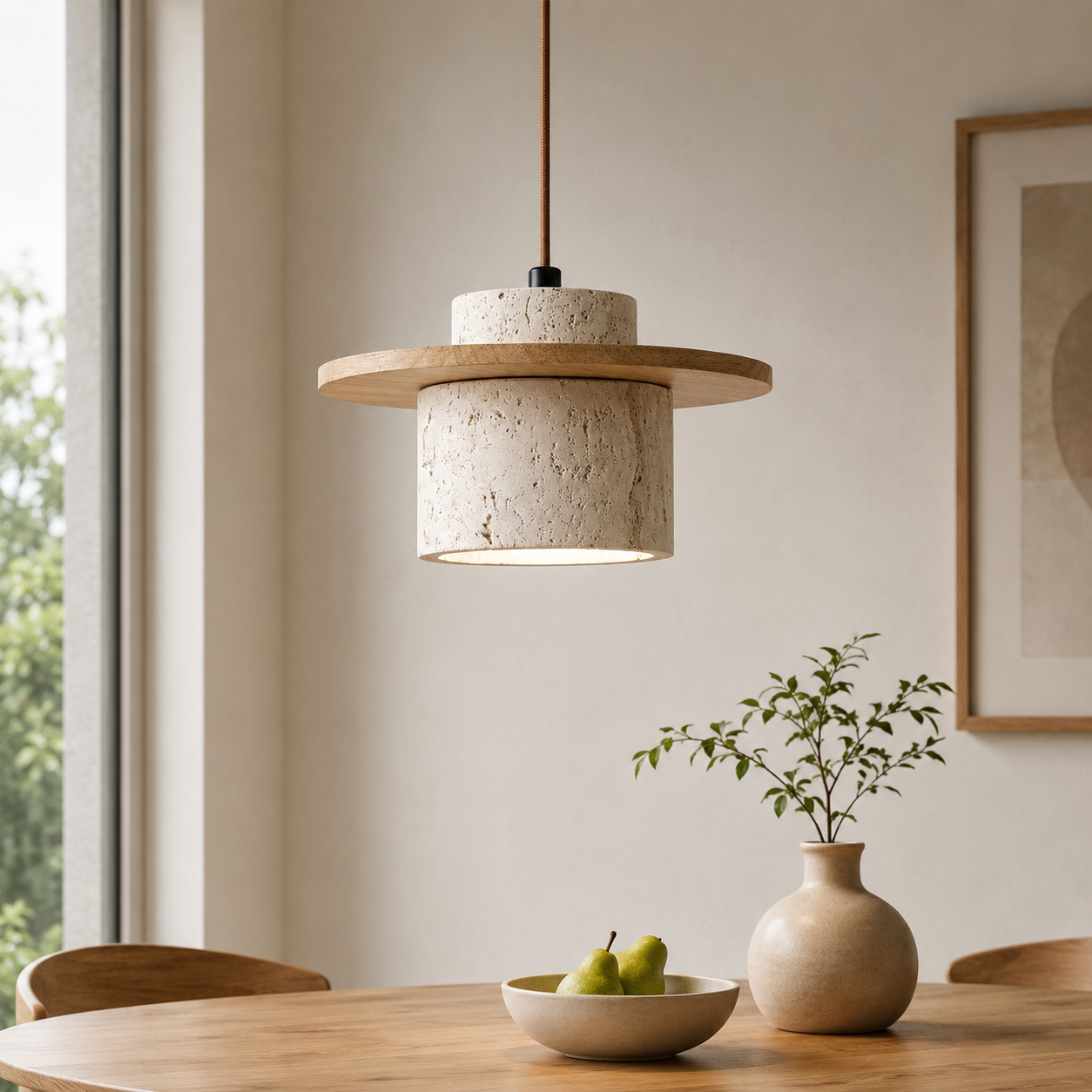 Japanese Travertin Pendant Light with Wooden Details | Lunvaro