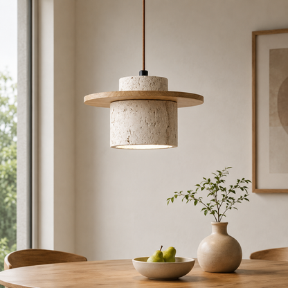 Japanese Travertin Pendant Light with Wooden Details | Lunvaro