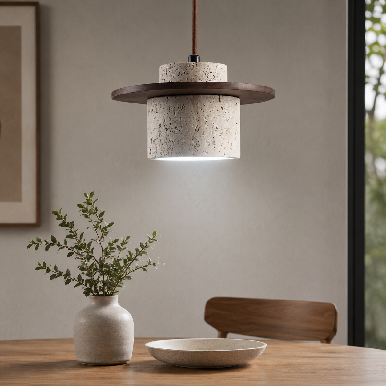 Japanese Travertin Pendant Light with Wooden Details | Lunvaro