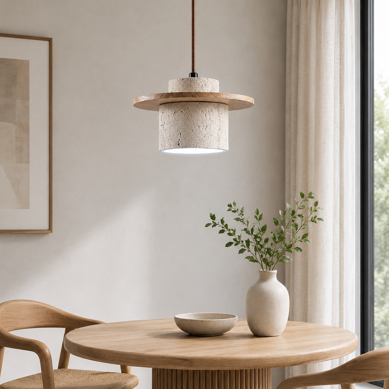 Japanese Travertin Pendant Light with Wooden Details | Lunvaro