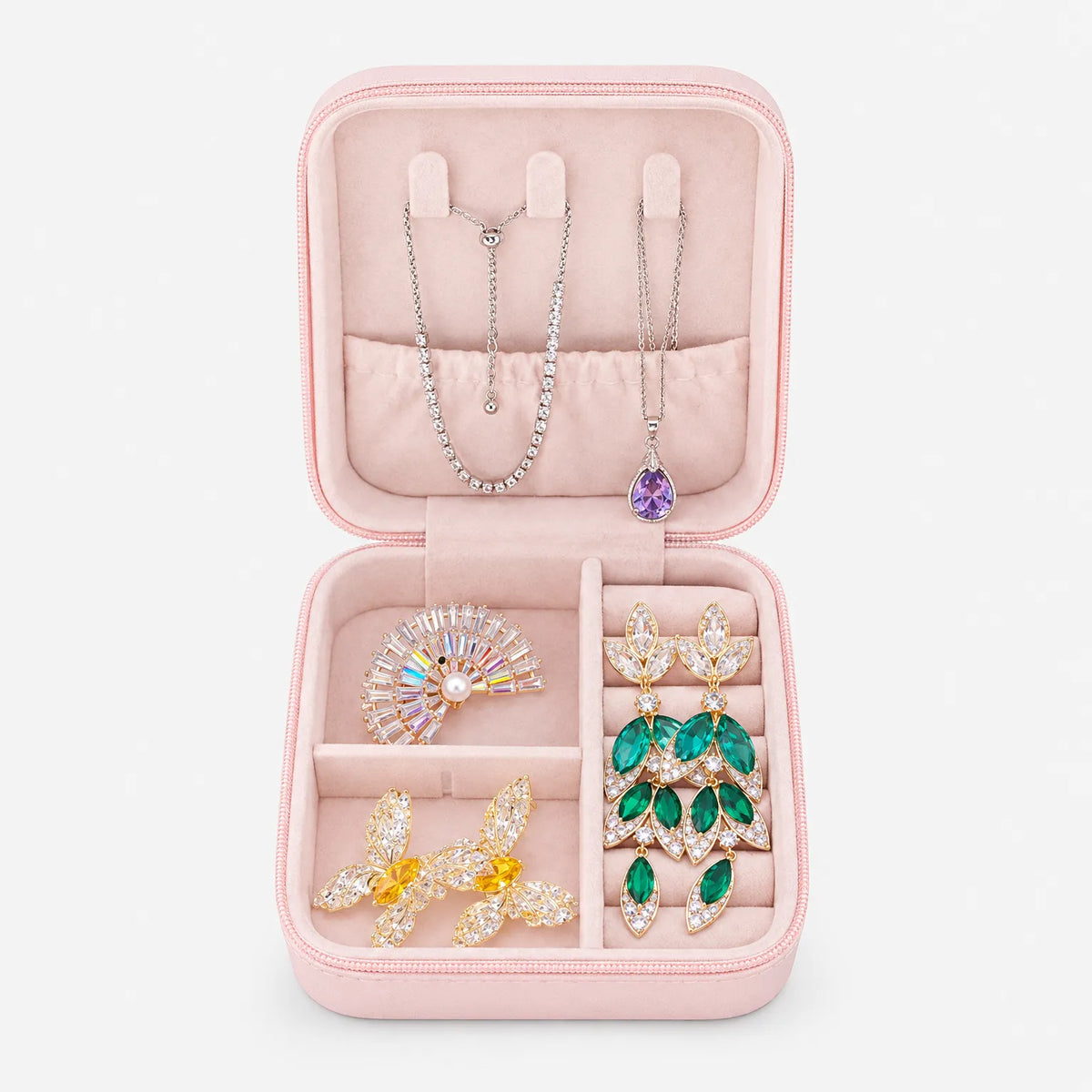 Jewelry Box for Travel with Necklace Hooks Ring Rolls and Dividers