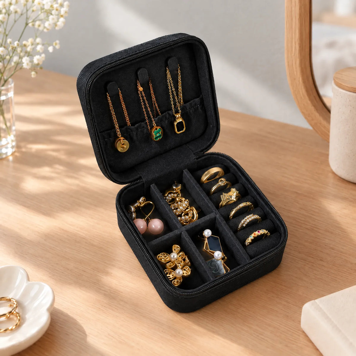 Jewelry Box for Travel with Necklace Hooks Ring Rolls and Dividers