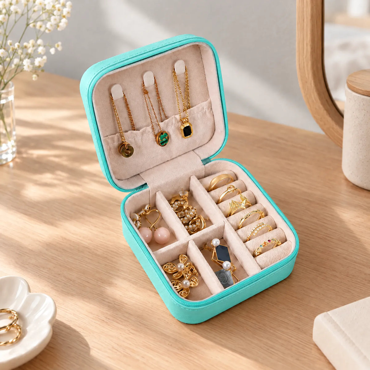 Jewelry Box for Travel with Necklace Hooks Ring Rolls and Dividers