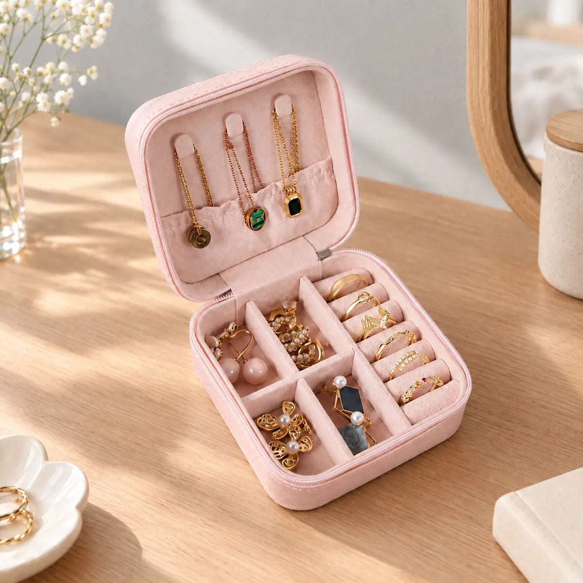 Jewelry Box for Travel with Necklace Hooks Ring Rolls and Dividers