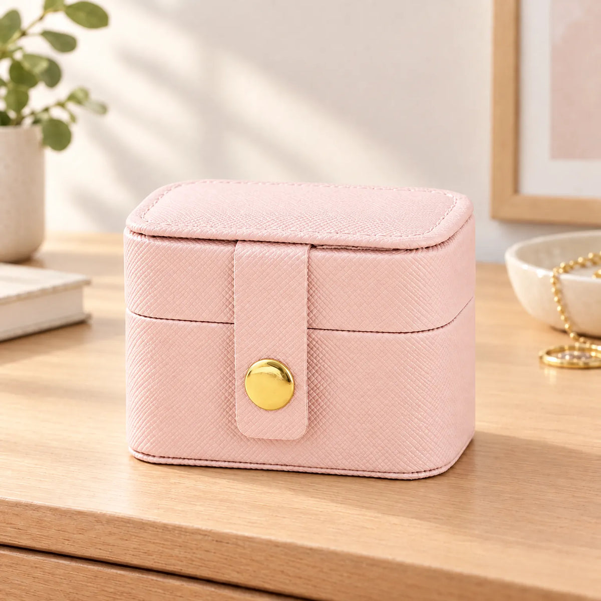 Jewelry Box for Travel with Ring Slots Stud Storage and Snap Closure