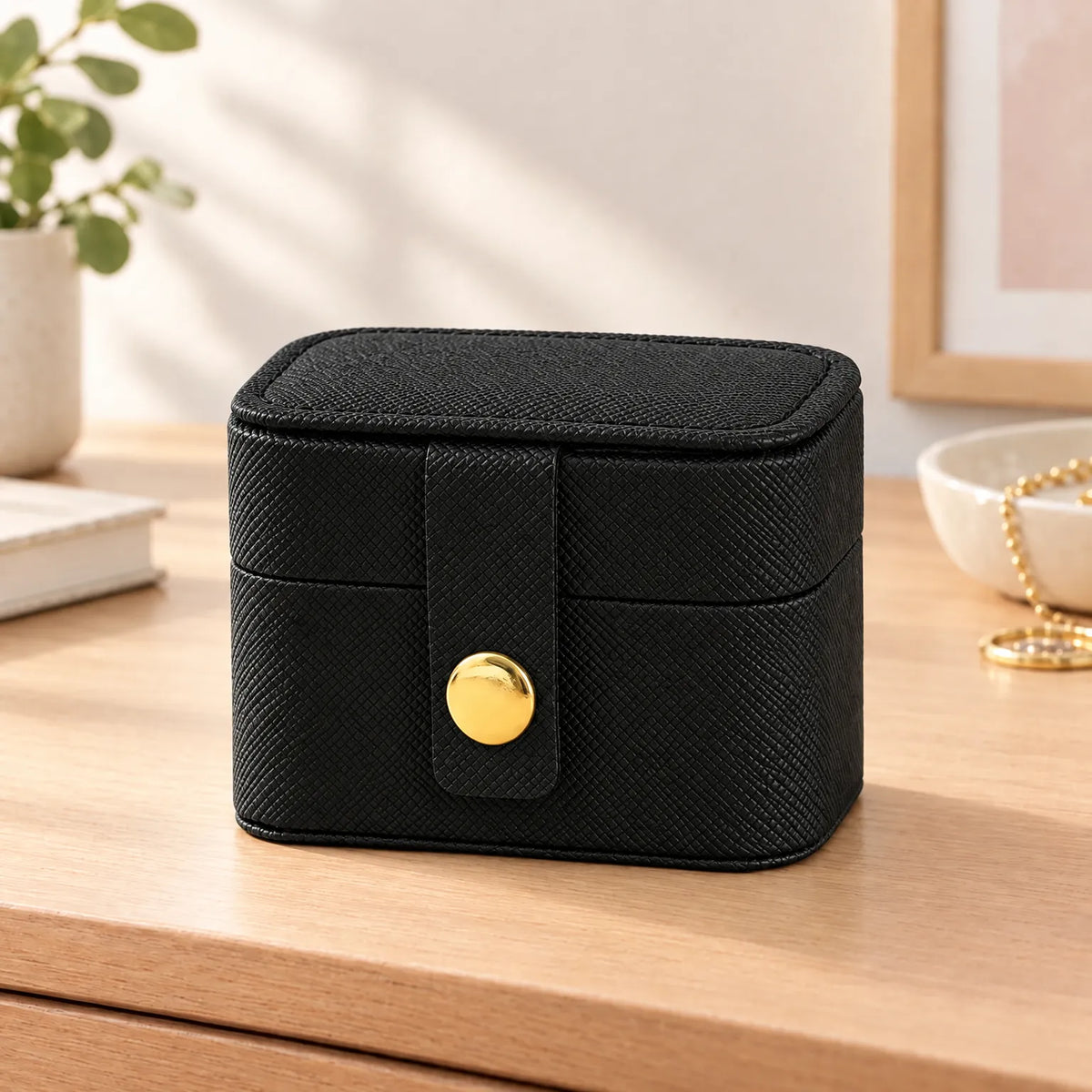 Jewelry Box for Travel with Ring Slots Stud Storage and Snap Closure