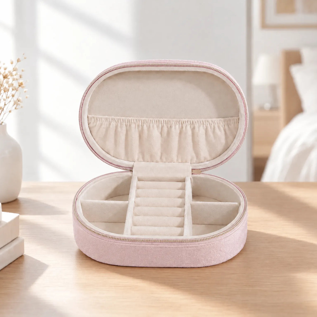 Jewelry Box for Travel with Zipper Ring Storage and Compartments