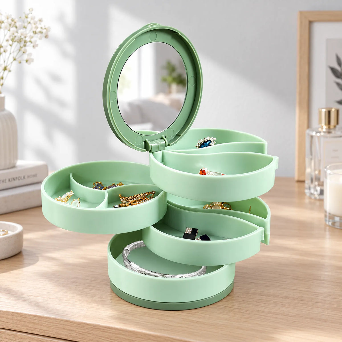 Jewelry Box with 360 Rotating Trays Mirror and Tiered Storage