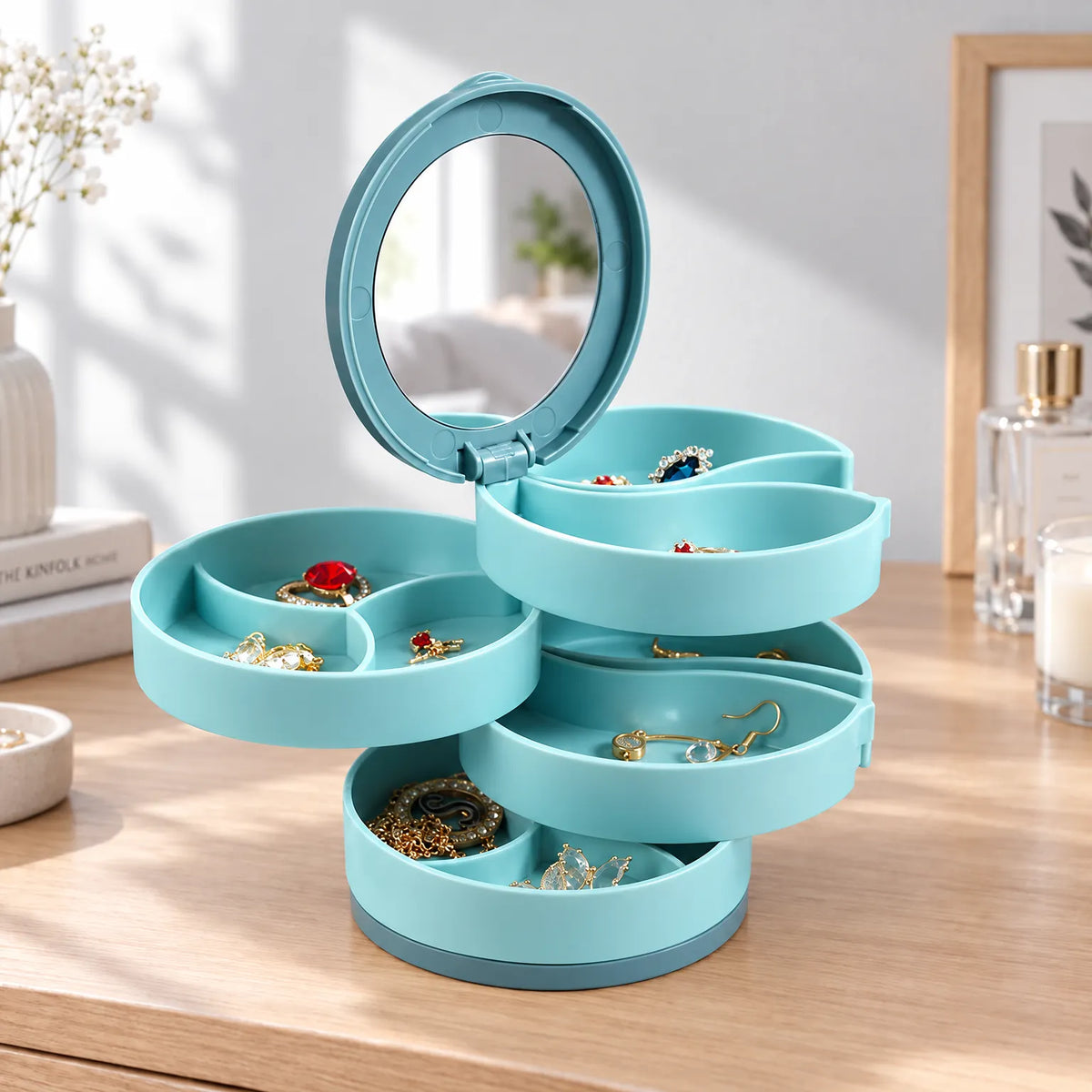 Jewelry Box with 360 Rotating Trays Mirror and Tiered Storage