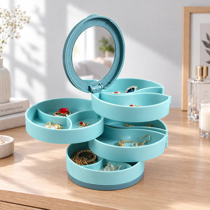 Jewelry Box with 360 Rotating Trays Mirror and Tiered Storage