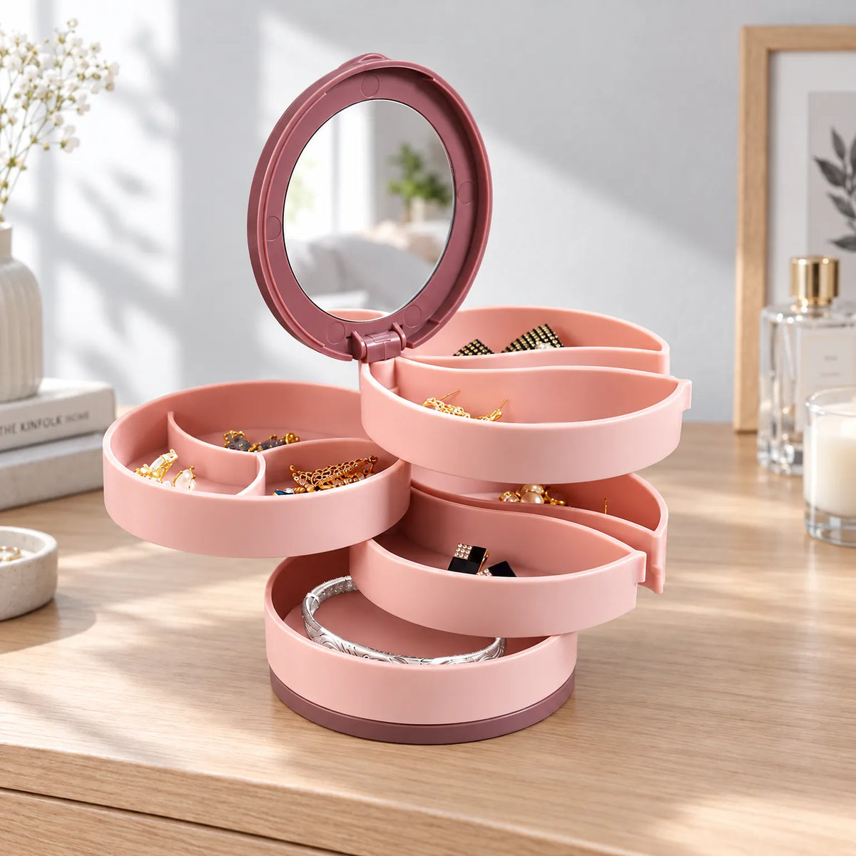 Jewelry Box with 360 Rotating Trays Mirror and Tiered Storage