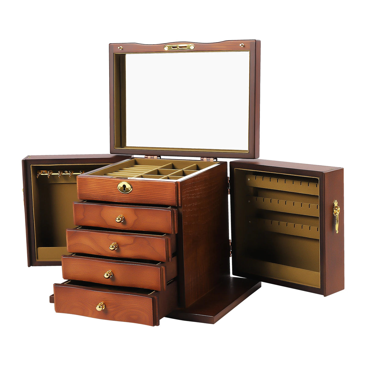 Jewelry Box with Drawers Mirror Necklace Hooks and Lock