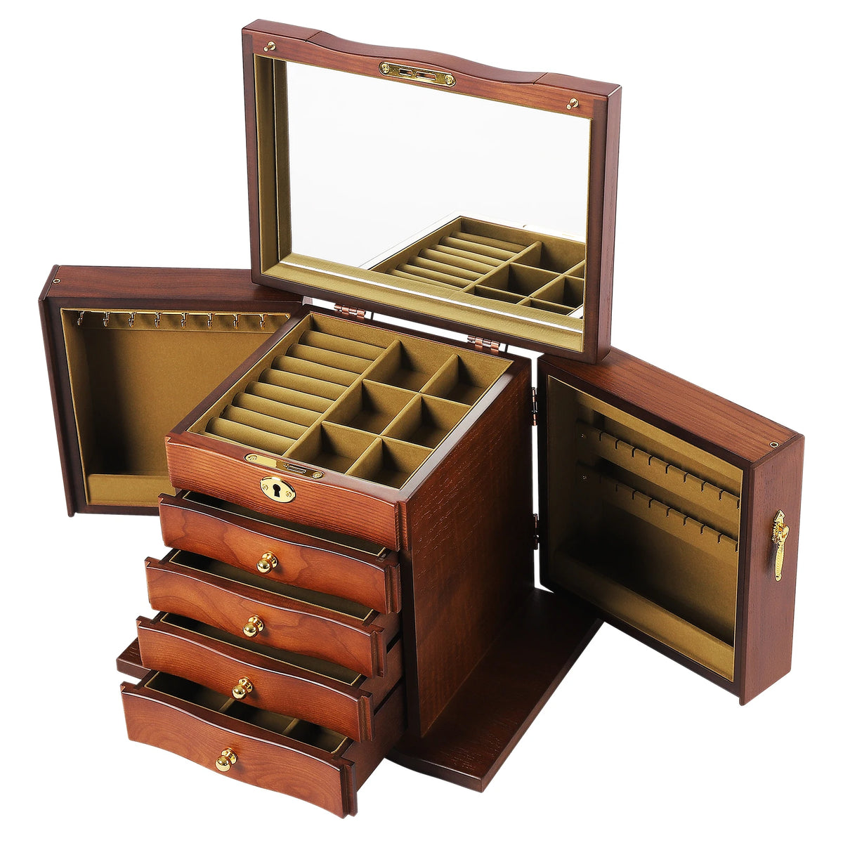Jewelry Box with Drawers Mirror Necklace Hooks and Lock