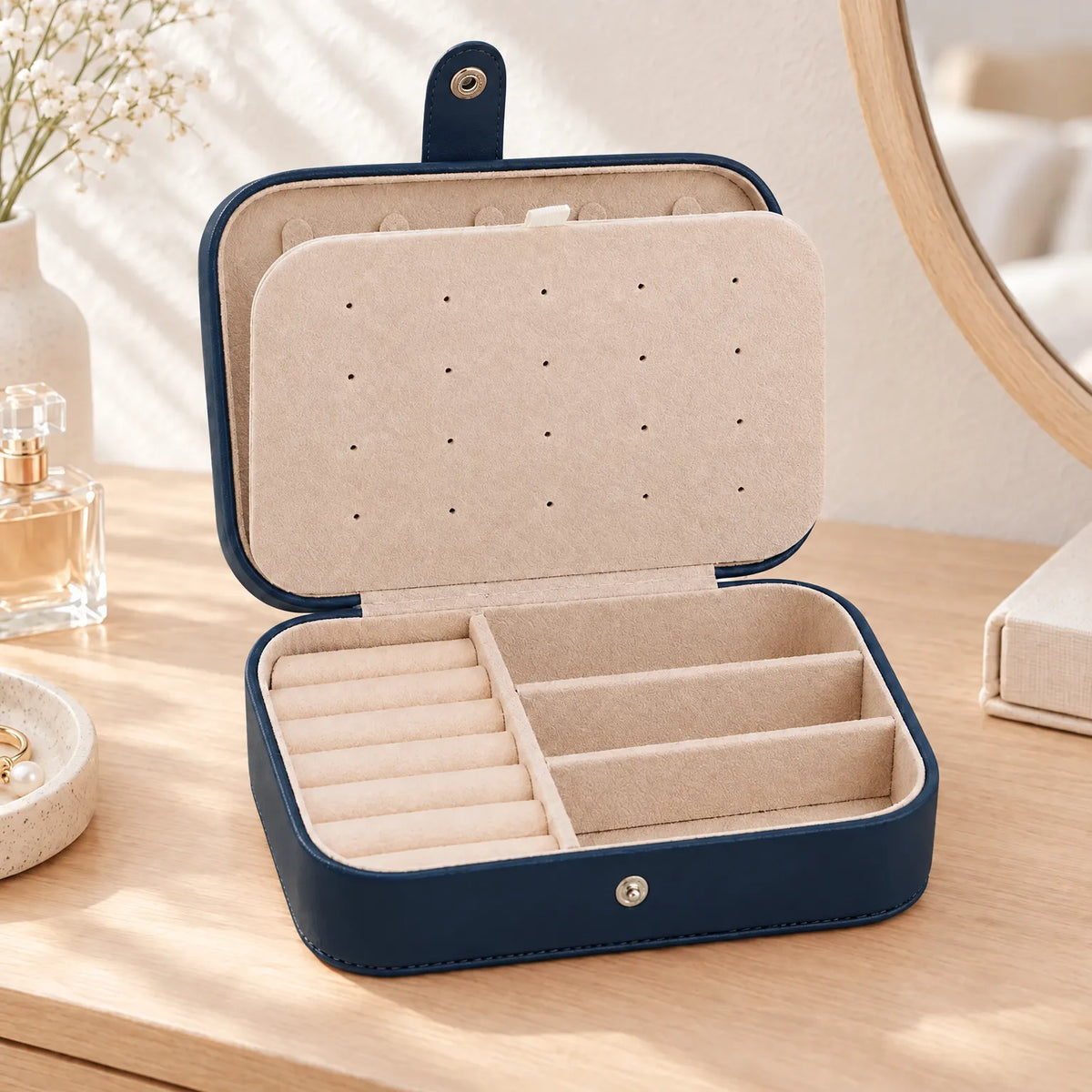 Jewelry Box with Earring Display Ring Rolls and Necklace Storage