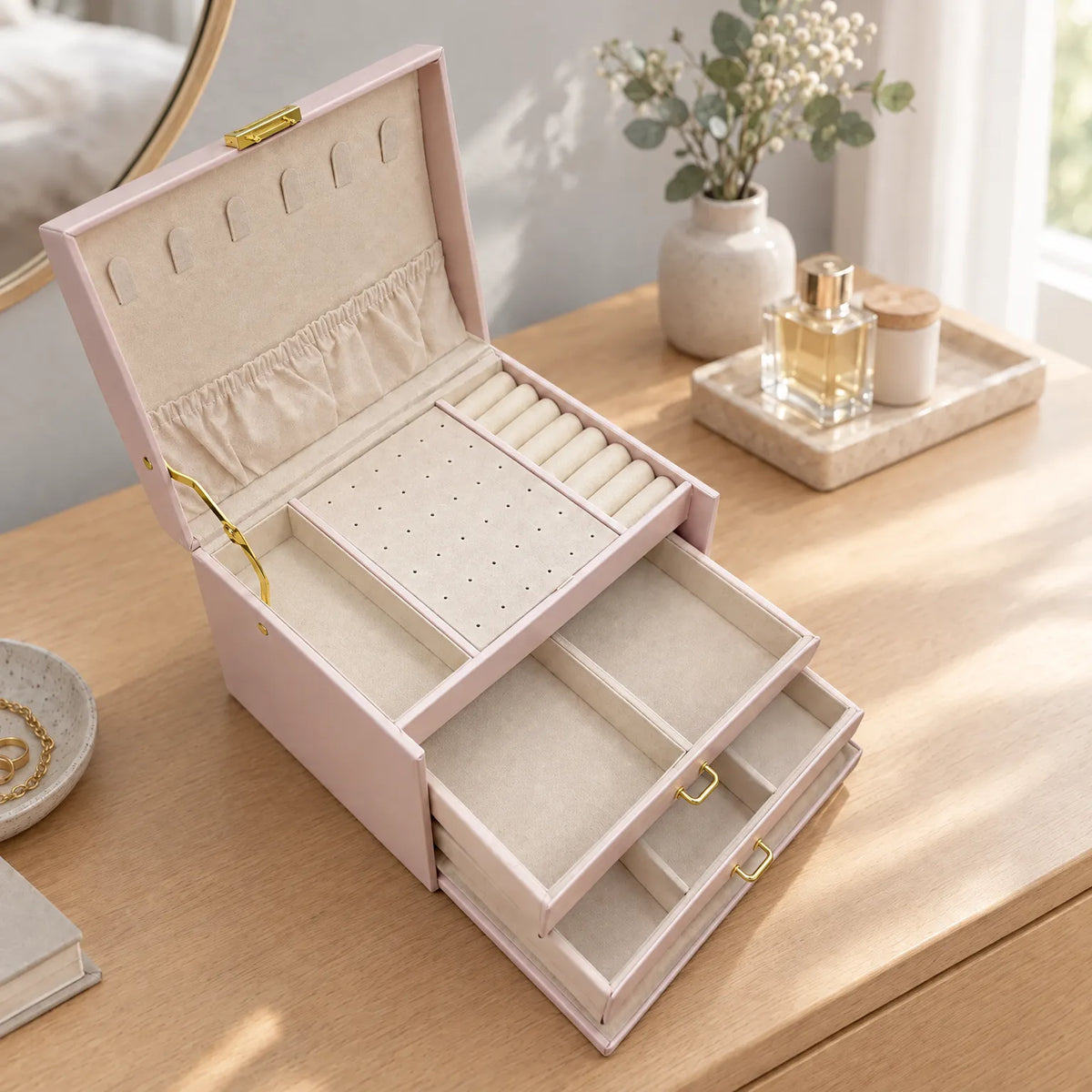 Jewelry Box with Lock Drawers Necklace Hooks and Ring Storage