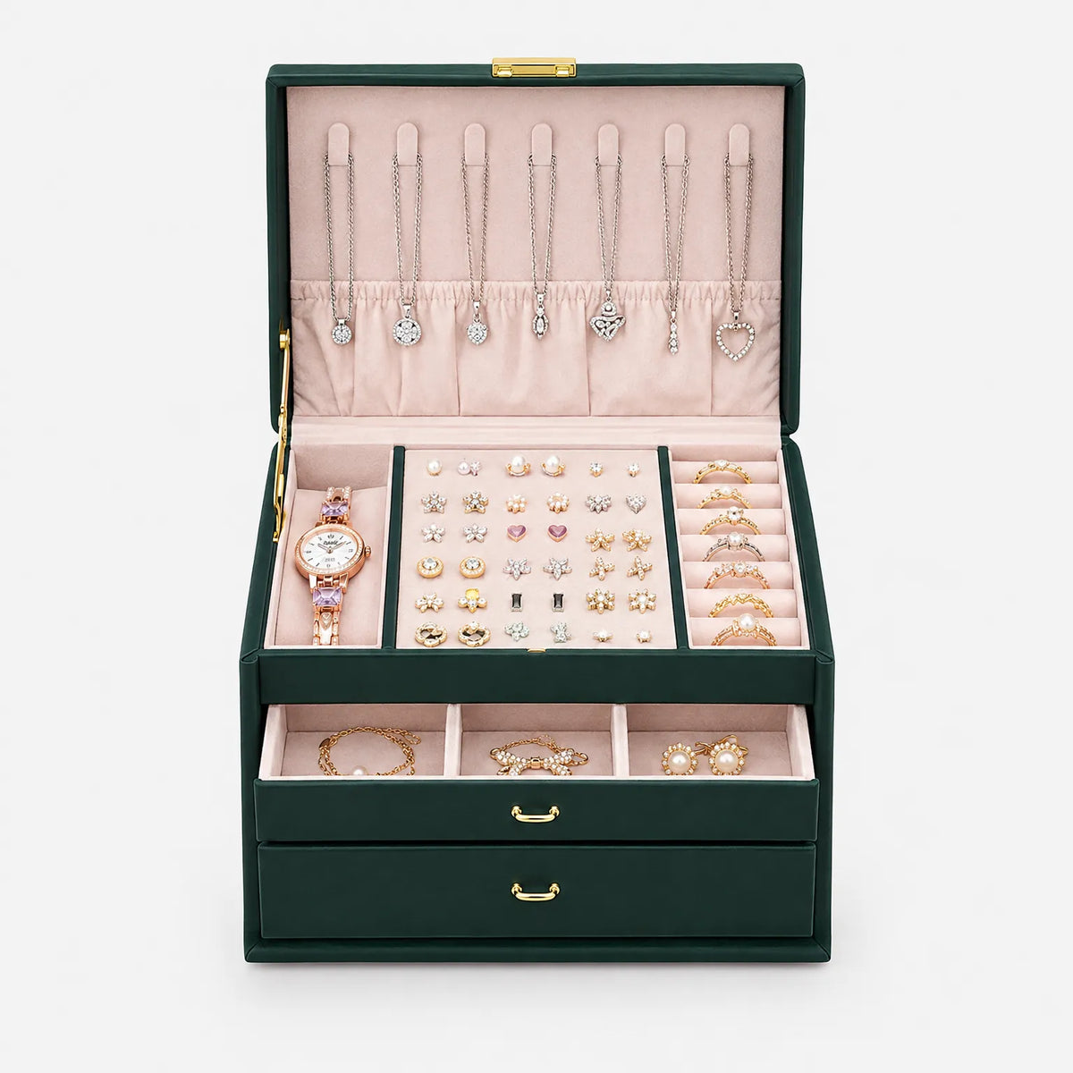 Jewelry Box with Lock Drawers Necklace Hooks and Ring Storage