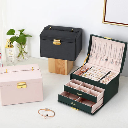 Jewelry Box with Lock Drawers Necklace Hooks and Ring Storage
