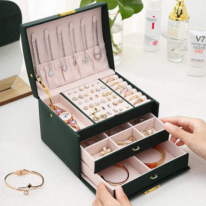 Jewelry Box with Lock Drawers Necklace Hooks and Ring Storage