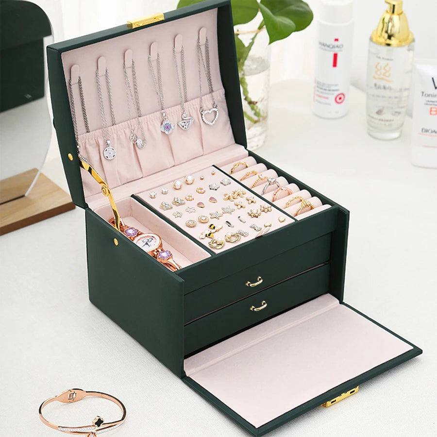 Jewelry Box with Lock Drawers Necklace Hooks and Ring Storage