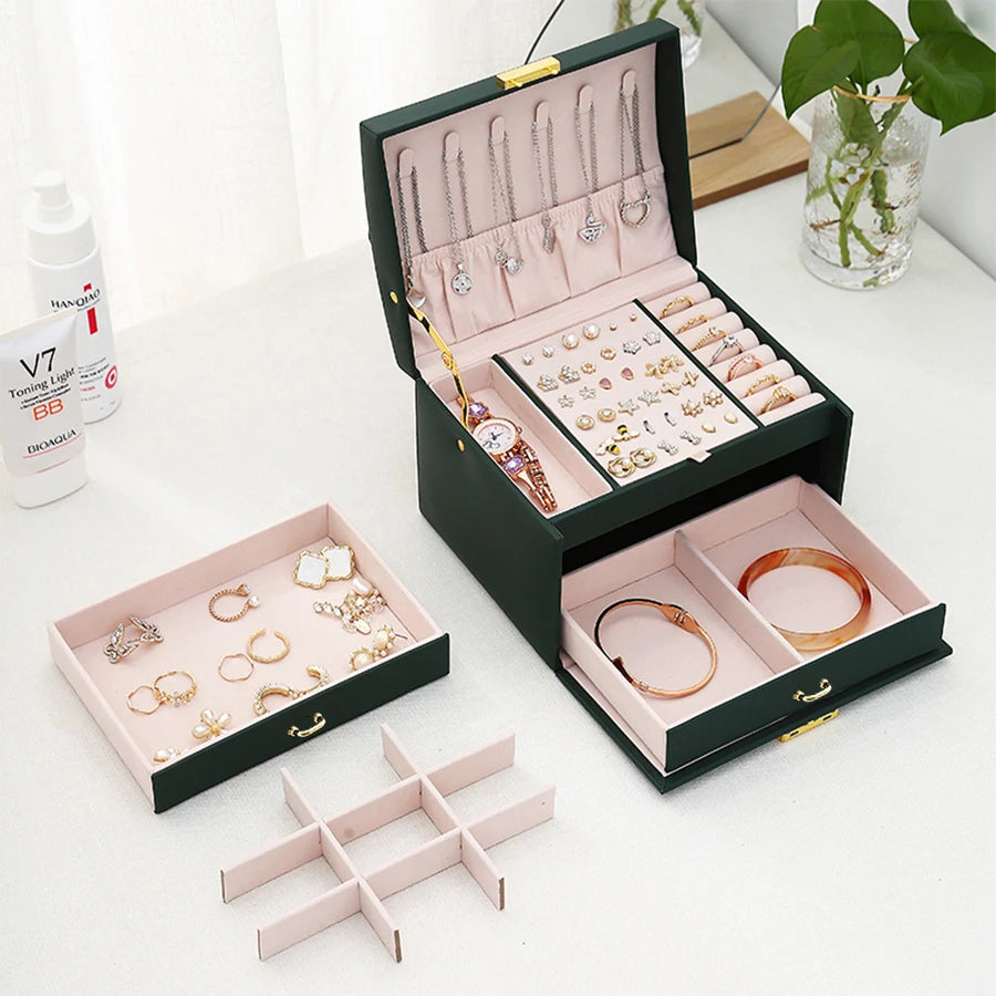 Jewelry Box with Lock Drawers Necklace Hooks and Ring Storage