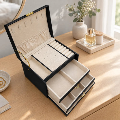 Jewelry Box with Lock Drawers Necklace Hooks and Ring Storage