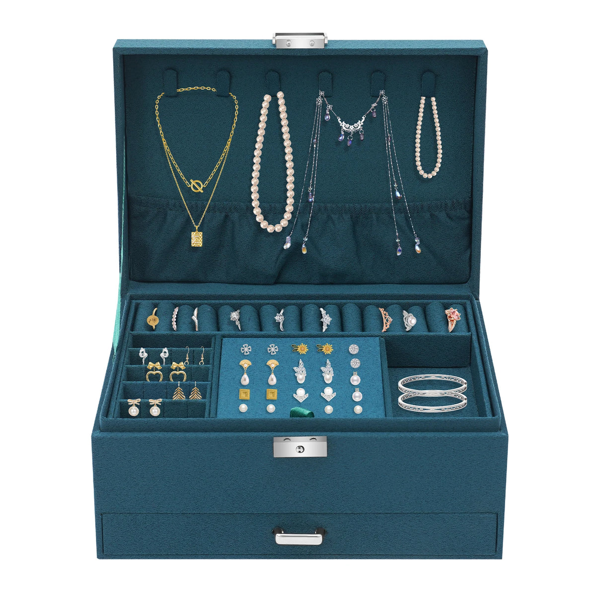 Jewelry Box with Lock Removable Tray Drawer and Necklace Storage
