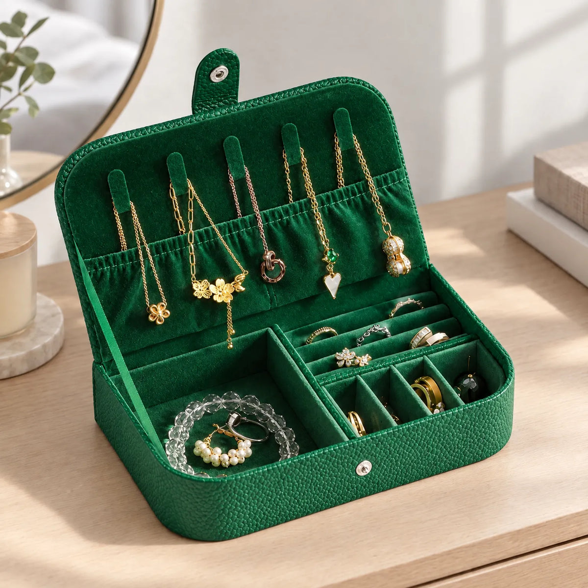Jewelry Box with Necklace Display and Multi Compartment Storage
