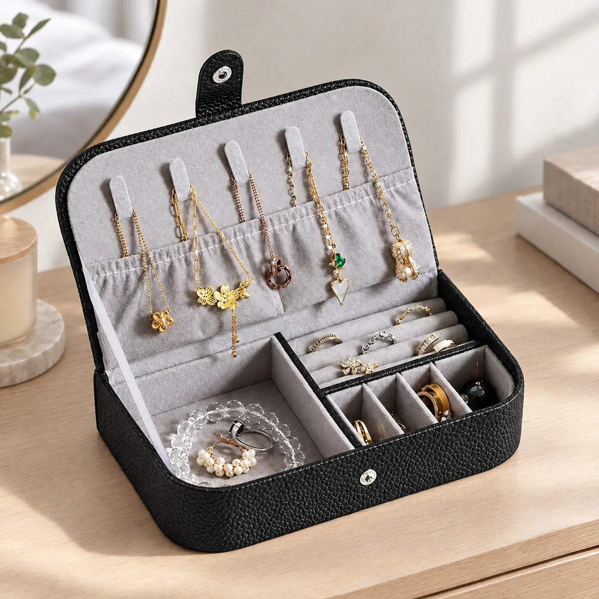 Jewelry Box with Necklace Display and Multi Compartment Storage