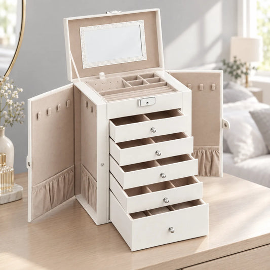 Jewelry Box with Six Tier Storage Drawers Mirror and Side Doors