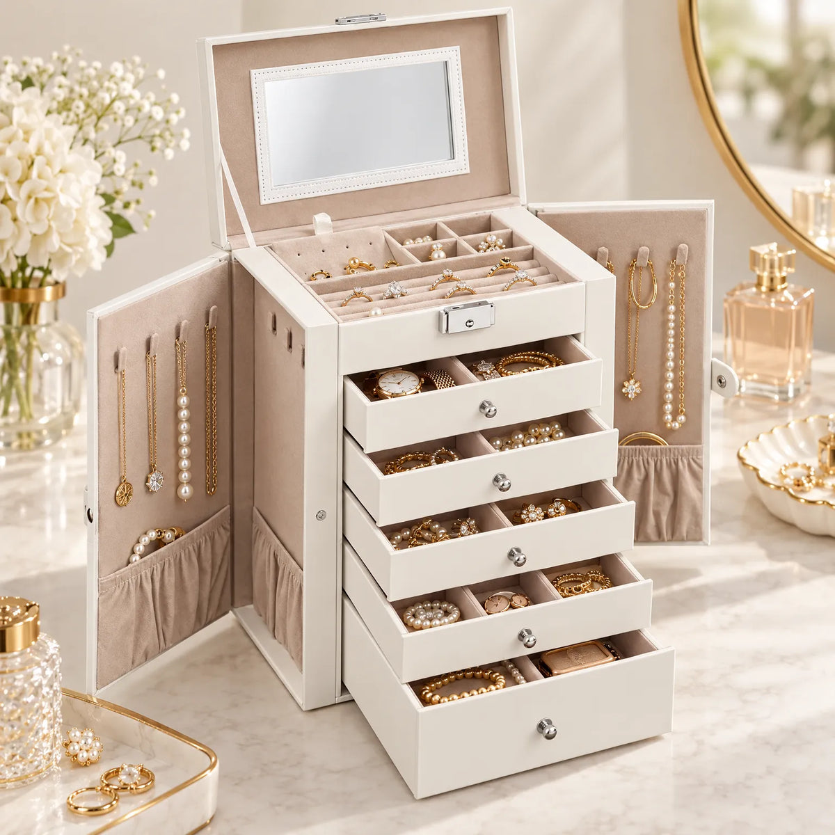 Jewelry Box with Six Tier Storage Drawers Mirror and Side Doors