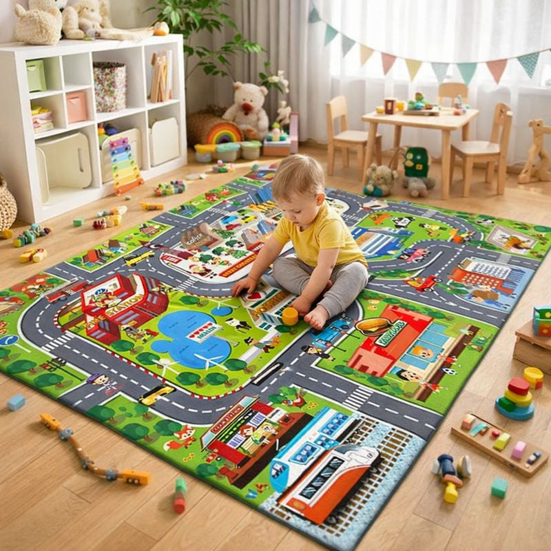 Kids Road Game Play Mat Modern Playroom Rug Indoor Use | Velnmora