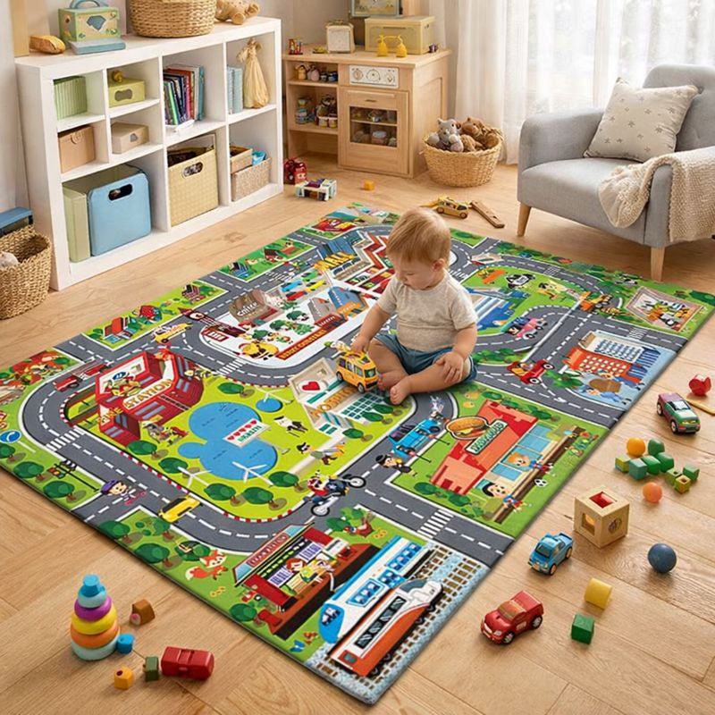 Kids Road Game Play Mat Modern Playroom Rug Indoor Use | Velnmora