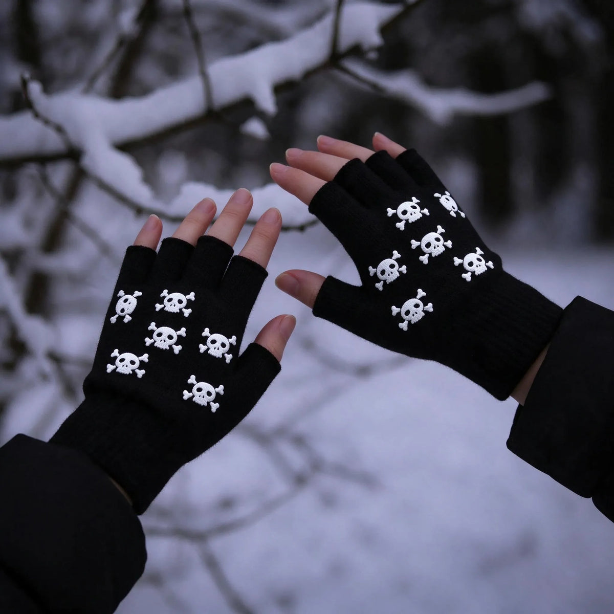 Knit Fingerless Skeleton Print Gloves