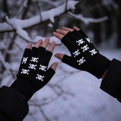 Knit Fingerless Skeleton Print Gloves
