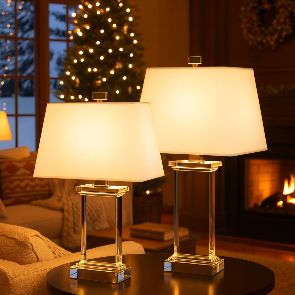 Modern Crystal Base Table Lamp with White Shade | Wexlora