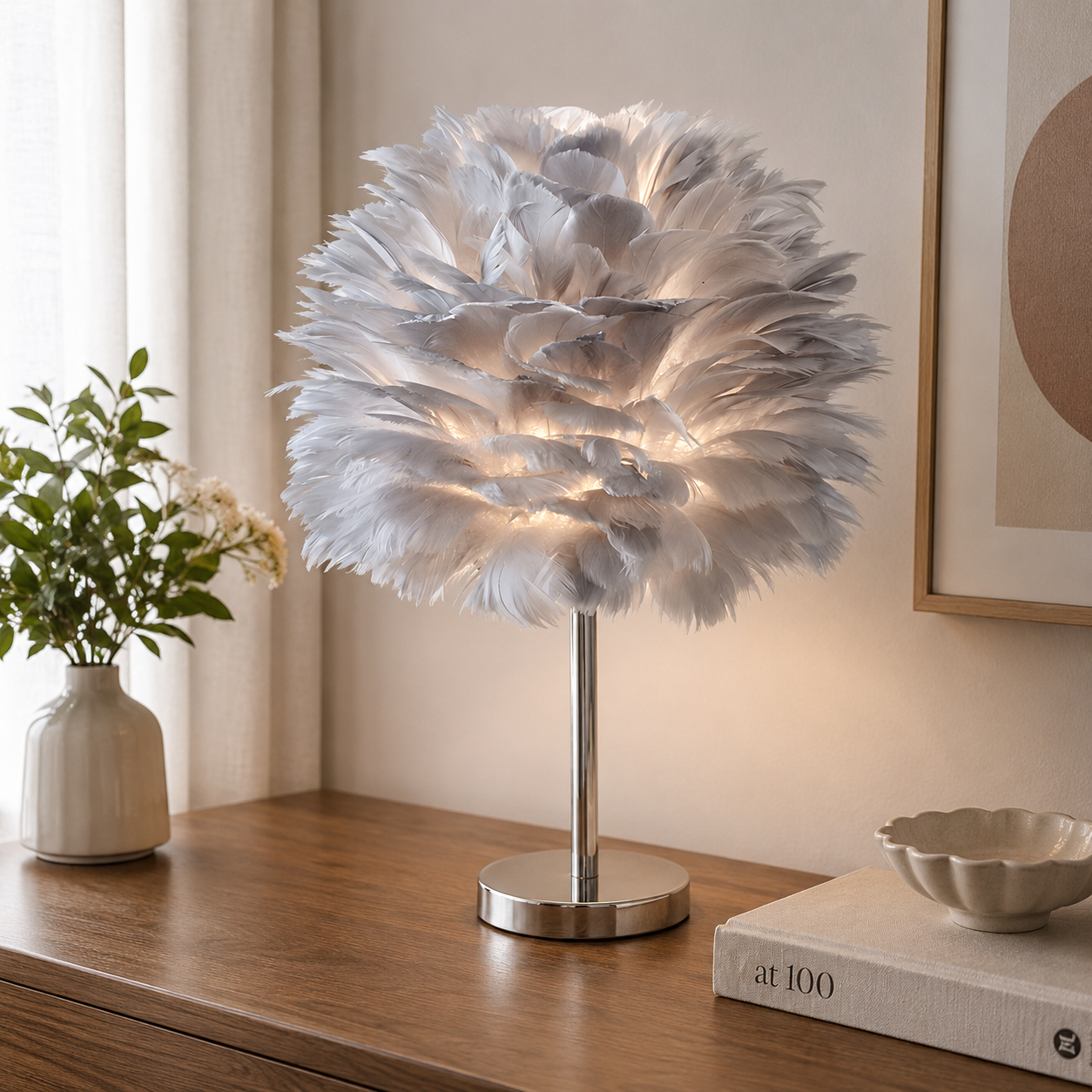 Modern Feather Shade Table Lamp for Bedside Use | Tervico