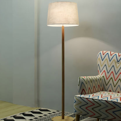 Modern Floor Lamp Wooden Base Fabric Drum Shade Lighting | Mervano